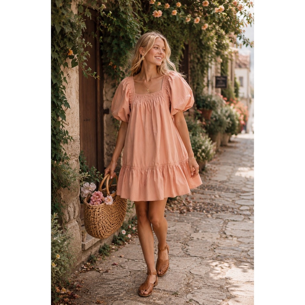 Magali Pascal‎ STELLA MINI DRESS PEACH WOMEN 8 BABYDOLL PUFF SLEEVE PARISIAN